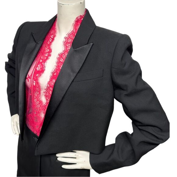 ALEXANDER McQUEEN Trompe L'Oeil Wool Silk Tuxedo Jacket Pink Lace Top S M 6 8 - Picture 9 of 16